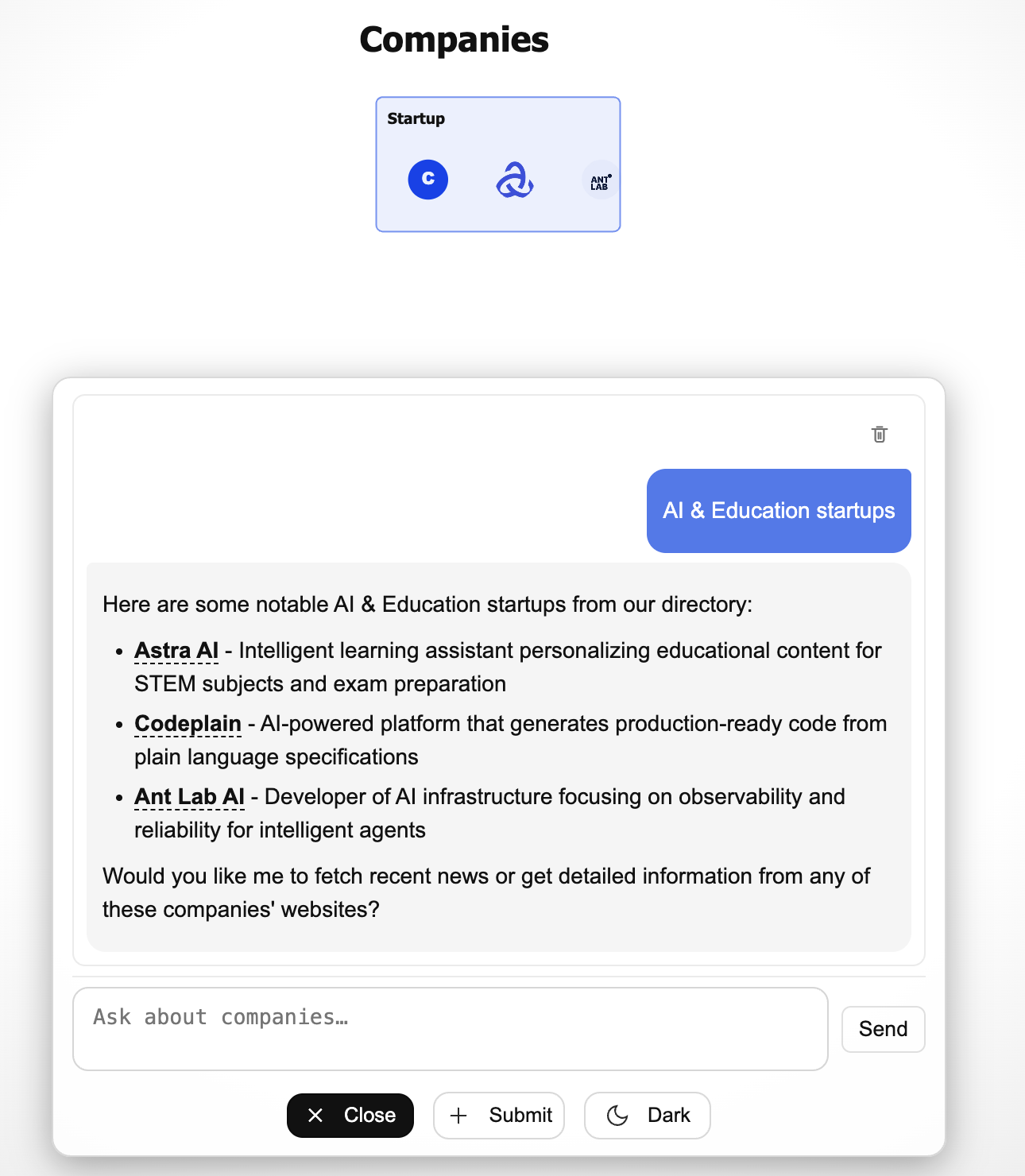 AI search interface finding companies with specific capabilities.