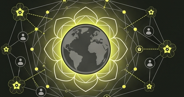 Planetary network surrounding Earth with connected data flowers and people.