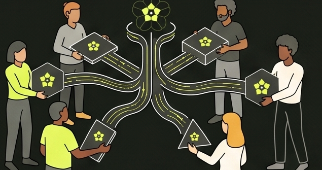 People stewarding shared data around a central living data flower.