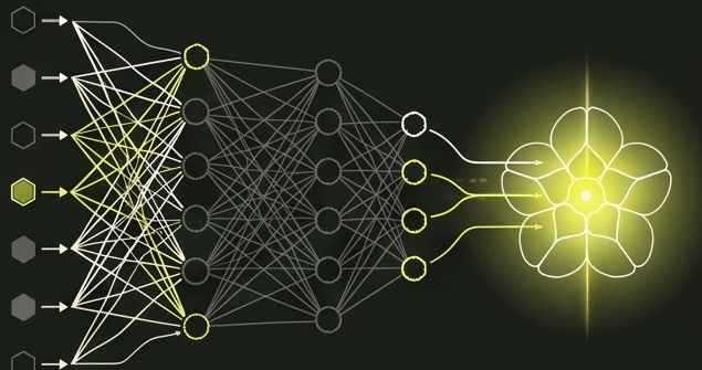 Neural network diagram transforming data inputs into data flower intelligence.