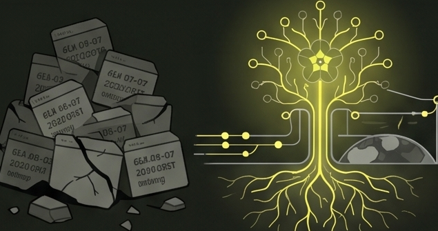 Fossilized data beside a glowing tree of living connected data.